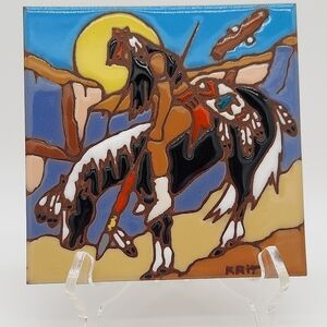 Native American Teissendre Signed Ceramic Tile End of The Trail Art Trivet